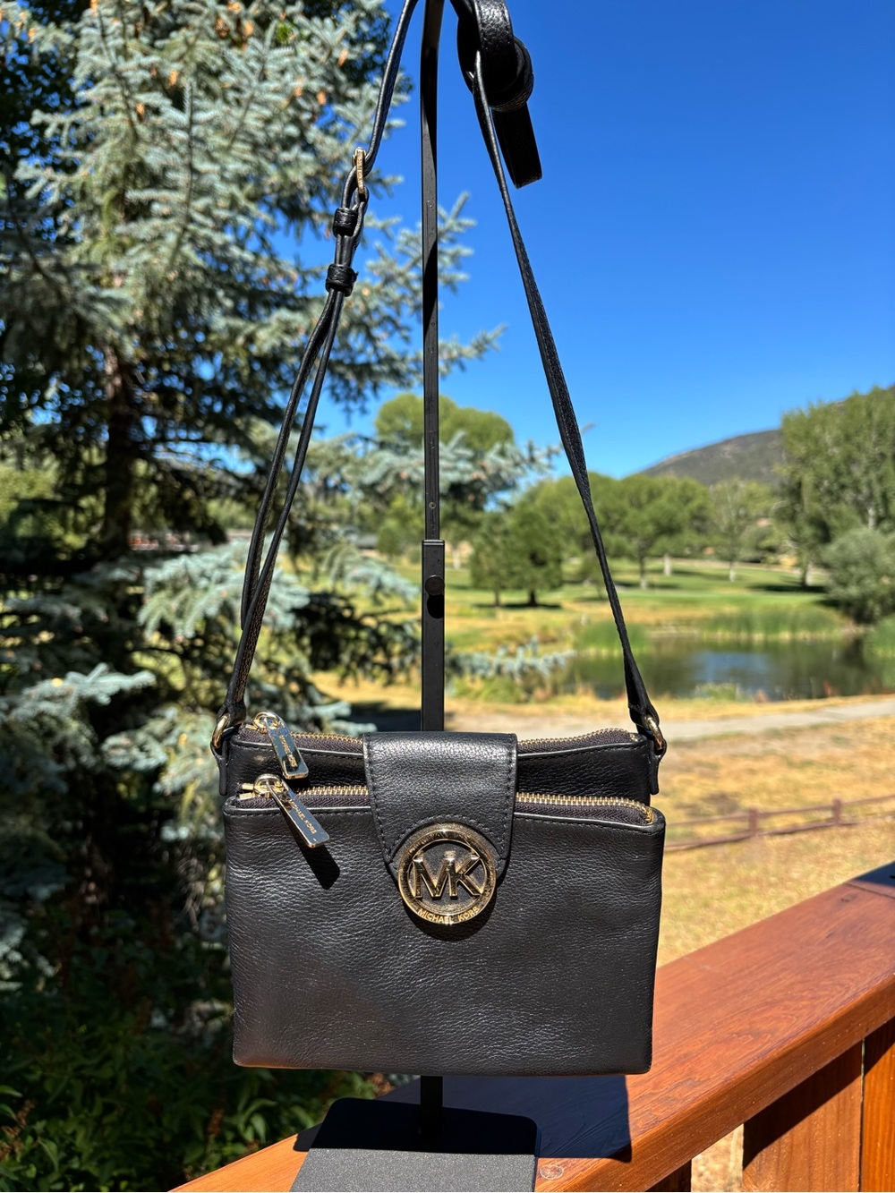 Michael Kors Black Leather Crossbody with Gold MK Emblem